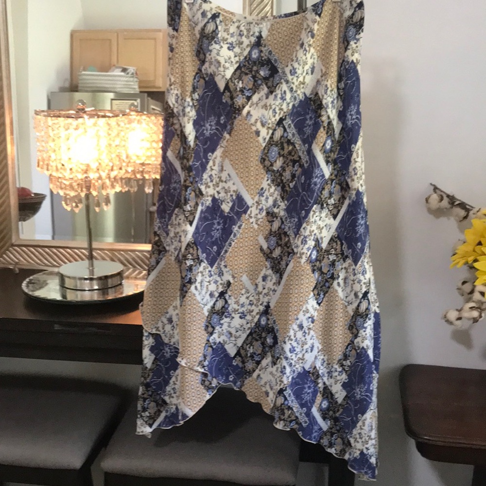 Blue and Cream Asymmetrical A-Line Midi Skirt